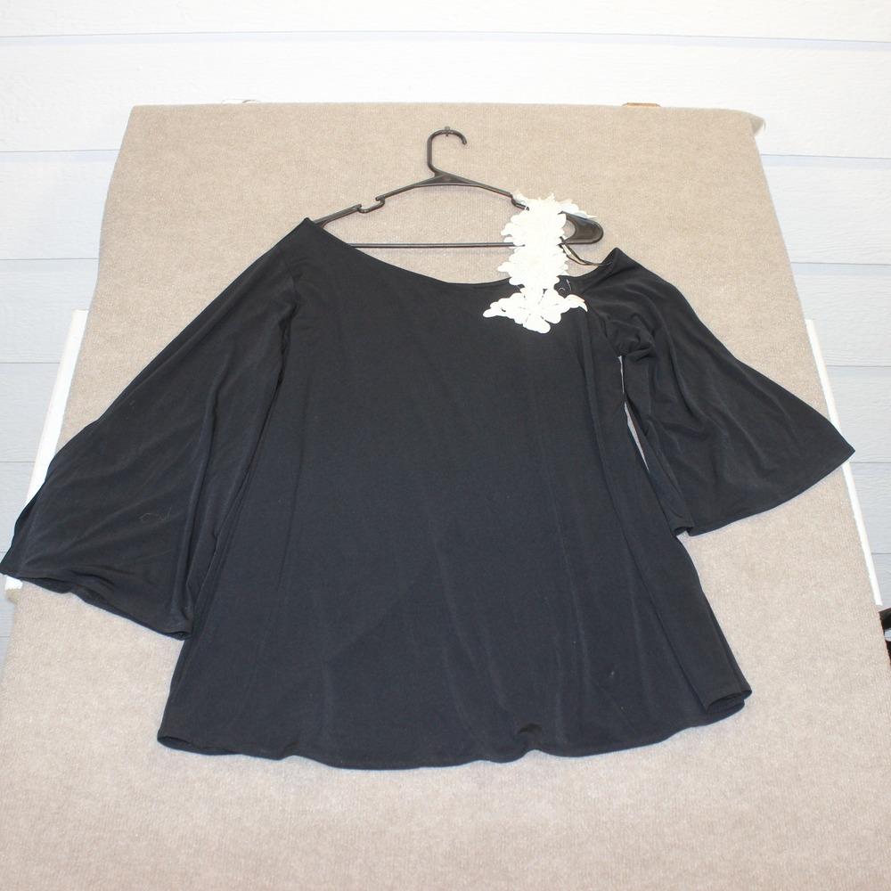 Alfani Black One Shoulder Bell Sleeve Blouse Floral Lace Applique Plus Size 2X